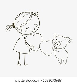 A girl and pig exchanging heart shapes happily