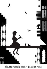 girl and pigeons between the houses silhouette, scene in town, vector