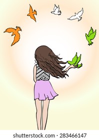  Girl  and Pigeons - fly birds on bright sunny day with shining sunshine rays. Girl releasing pigeon for freedom