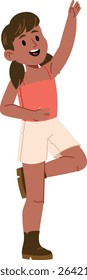A girl with pigtails and a bright outfit stands on one leg in a playful dance pose. Her cheerful expression and raised arm convey a sense of happiness. Cartoon vector illustration.