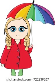 Girl with pigtails in a coat walking under a bright umbrella in the autumn day
