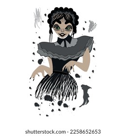 A girl with pigtails dances in a Gothic style. Vector drawing Wednesday.