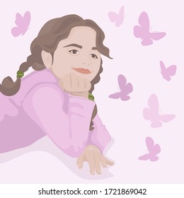 Girl with pigtails  dreams with butterflies