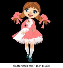 a girl with pigtails dressed in a pink dress with transparent white ruffles walks and carries colored pencils in one hand and a notebook in the other