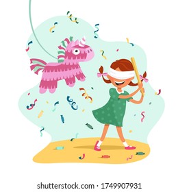 A girl with pigtails hits a pinata in the form of a unicorn. Cartoon vector illustration isolated on white background.