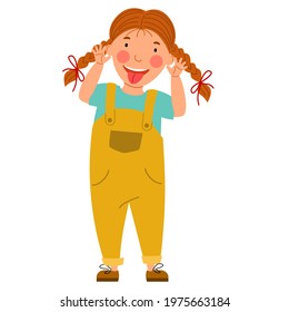 A girl with pigtails made a face and showed her tongue