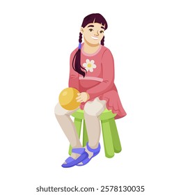 Girl with pigtails in pink dress holding yellow ball sitting on stool. Vector illustration