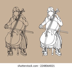 La chica con los pigtails toca el cello. Niña jugando violonchelo. Icono pintado aislado en fondo blanco y transparente. Vector. Para libros de diseño y coloreado.