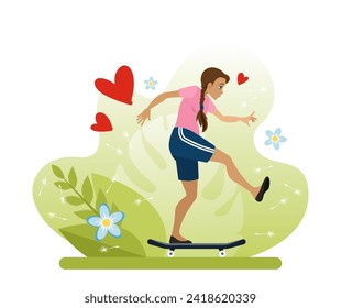 A girl with pigtails pushes off with her foot while riding a skateboard. Skateboarding is a summer sport. An active type of outdoor recreation in the park. Flat vector illustration in cartoon style