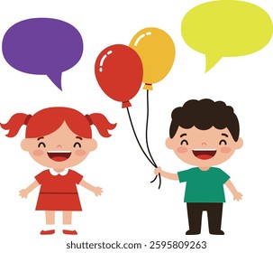 A girl with pigtails and a red dress stands beside a boy in a green shirt, both smiling and chatting while holding bright balloons.