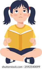 A girl with pigtails sits cross-legged, holding a yellow book while looking up thoughtfully, embodying a mood of curiosity and imagination in a vibrant scene.