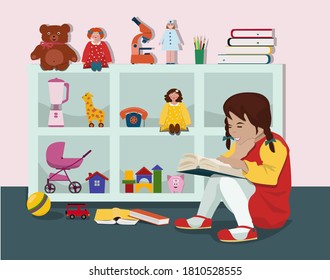 A girl with pigtails sits on the floor and reads a book, next to a shelf with toys. Vector illustration.
