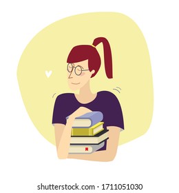 Girl with pile of books in her hands. Student character. Self-development during self-isolation, studying at home, distance education, library.