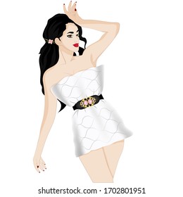 Girl in a pillow dress with a wide belt. Vector art