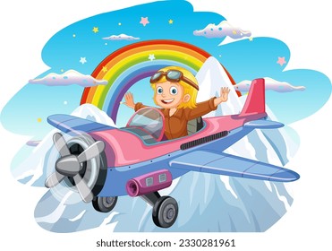 Girl pilot flying airplane over the mountain illustration