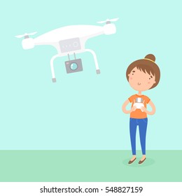 Girl piloted flying drone. Quadcopter. Vector hand drawn cartoon illustration