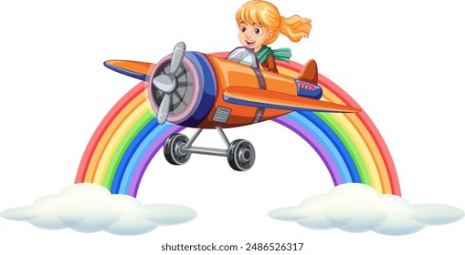 Girl piloting an airplane over a rainbow