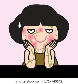 Girl With Pimple On Face. Optimist Woman With Palms On Cheeks, Feeling Flowers Glowing On Her Face Instead Of Acnes Concept Card Chacter illustration