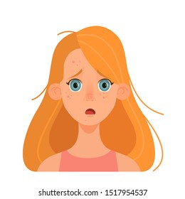 Girl with pimple on the face. Sad woman, skin problem. Unhappy teen and acne on cheek. Isolated vector illustration in cartoon style