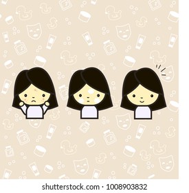 A girl with pimples illustration. Acne cure procedure multiple stages. Skin care products background