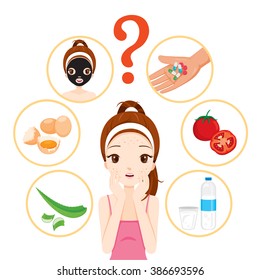 Girl With Pimples On Her Face And Treatment Icons Set, Beauty, Cosmetic, Makeup, Healthy, Lifestyle