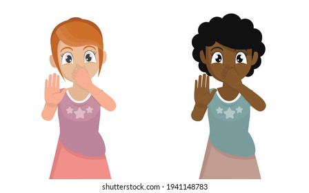 girl pinching her nose to hold breath and showing stop gesture