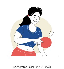 Girl ping pong player in sports outfit hitting ball. Female athlete playing table tennis with racket and ball. Healthy lifestyle, sports activity cartoon thin line vector illustration