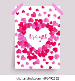 It's a girl pink, baby shower poster with hearts paper cutout