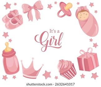 It's a girl pink background with cute baby elements like clothes, toys, and bows, ideal for baby shower cards, announcements, or invitations