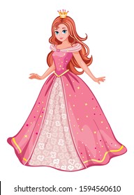 A girl in the pink ball gown. Beautiful fairytale princess on white background. Children's illustration suitable for print and sticker. Isolated illustration. Romantic story. Wonderland. Vector. 