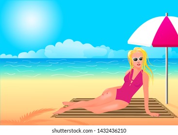 Girl in a pink bathing suit hiding from the sun under an umbrella