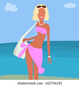 A girl in a pink beach suit on a sea background. In the hands of a young woman holds a large white bag. Vector illustration.