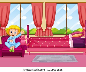 Girl in pink bedroom illustration