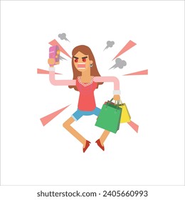 Girl in a pink blouse with shopping bags. Vector flat illustration