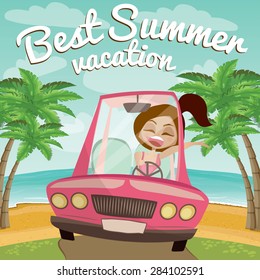 Girl in pink car on a summer beach. Vector illustration  