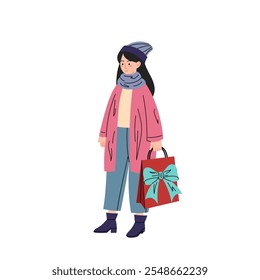 Girl in pink cardigan with gift bag in her hands. Surprise for friends or family. Girl in warm winter clothes. People flat vector illustration.