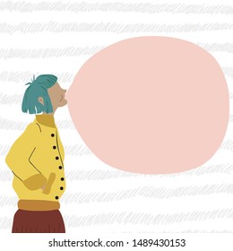 Girl with pink chewing gum bubble. Young woman making gum balloons. Colorful fashion vector illustration isolated on white background with space for text. Female character. Hand drawn cartoon style