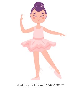 Girl in pink clothes dance ballet. Kid dancing wearing a tutu and pointe shoes. Ballerina in costume. Childish activity. Flat illustration
