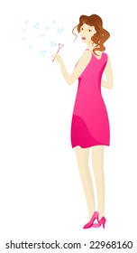 Girl is pink clothes using a pink blower in heart shape for hearts soap bubbles