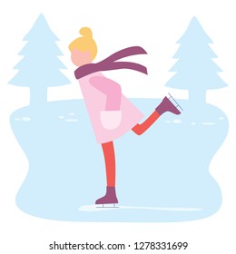 Girl in pink coat skating on winter ice lake