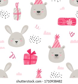 Girl Pink Colored Woodland Paper or Fabric Design with Scandinavian Teddy Animals. Seamless Pattern, Baby Background with Cute Bear and Rabbit in Birthday Hats and Gifts. Cartoon Vector Illustration