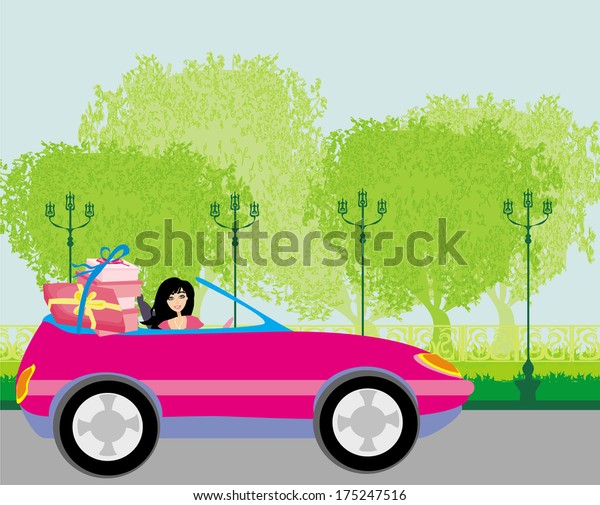 Girl in a pink\
convertible with gifts