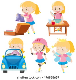 Girl in pink doing different activities illustration
