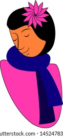 A girl in a pink dress with a blue scarf and a pink flower on the head, vector, color drawing or illustration.