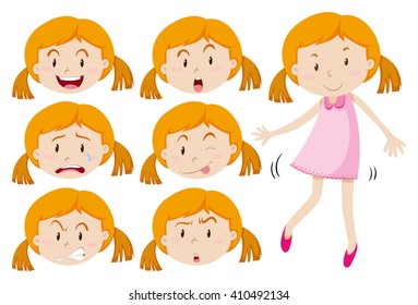 Girl in pink dress and different emotions illustration