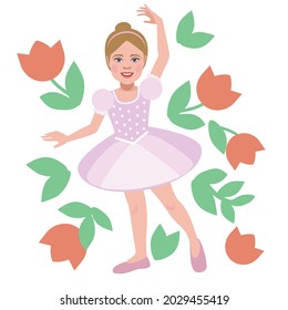 A girl in a pink dress is engaged in ballet. Flowers are swirling around the ballerina. A beautiful and gentle dance. Vector illustration.