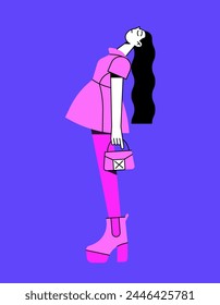 Girl in a pink dress. Fashionable vector illustration in flat style. Women's fashion. Trendy outfit. Clutch bag and platform shoes.