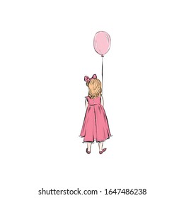 Girl in pink dress holding balloon. Children birthday.