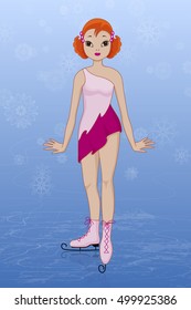 Girl in pink dress ice-skating at the rink