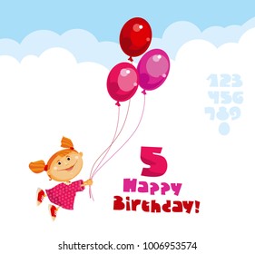 Girl in pink dress with red and rosy balloons Vector illustration for happy birthday card, poster, header. 